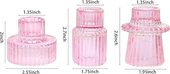 Vixdonos Pink Candlestick Holders Set of 3 Glass Candle Holders for Taper Candles,Pillar Candles and Tealight Candles