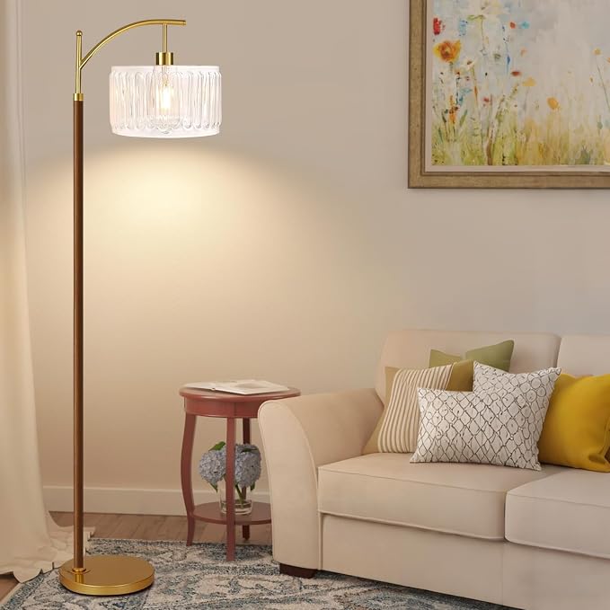 ILLMTW Arc Floor Lamp for Living Room,Bedroom,Glass Mid Century Modern Standing Lamp with Remote Dimmable,Wood Vintage Gold Tall Lamp White Lamp Shade Floor Lights Boho Bohemian Tiffany Style