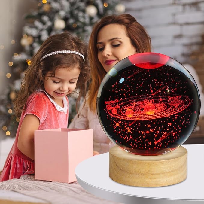 3D Solar System Crystal Ball Night Light, Upgraded 3.15 Inch Glass Ball Lamp with 16 Color LED Wooden Base, Solar System Model Desk Decor Birthday Christmas Space Gifts for Kids Friends