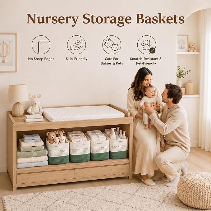 OIASKET 4 Pack Storage Baskets for Organizing, 13"X9"X7.87", Decorative Cotton Rope Baskets for Shelves, Small Woven Basket for Toys, Books and Towels, Green & White