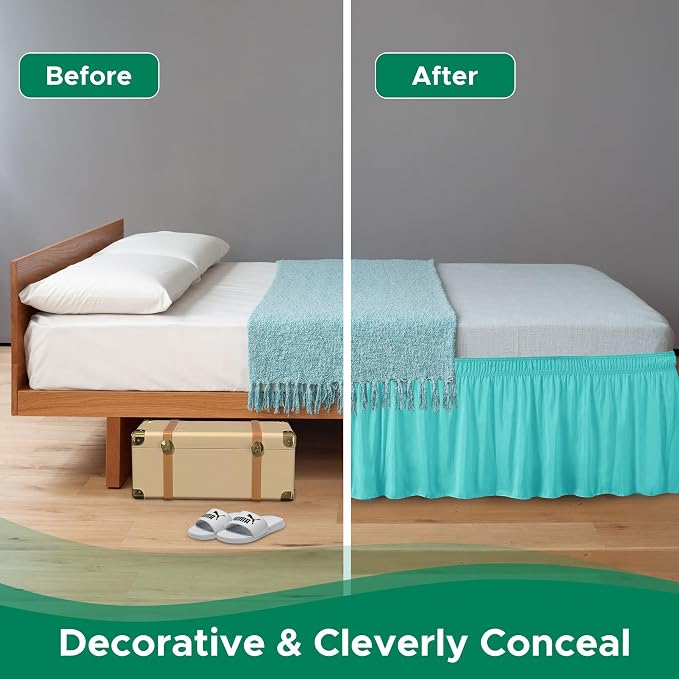 Wrap Around Bed Skirt Dorm Twin & Twin XL 25" Drop-Elastic Long Dust Ruffle | Adjustable Pleated Bedskirt-Easy Fit Wrinkle Resistant-Washable Hotel Quality-College Dorm Apartment Guest Bedroom Aqua