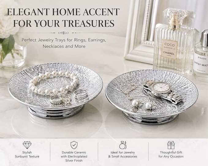 Silver Ceramic Decorative Tray Set of 2, Electroplated Sunburst Jewelry Trays, Pillar Candle Holder Plates, Soap Dishes & Trinket Trays for Bathroom, Vanity, Bedroom & Home Decor