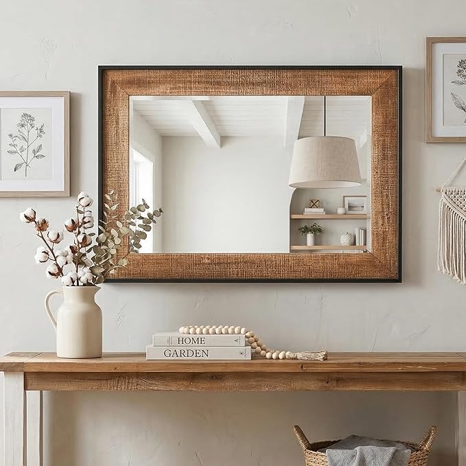 Rustic Solid Wood Wall Mirror 36x24 Inch, Vintage Wood Framed Wall Mirror for Bathroom Over Sink, Living Room, Hallway & Entryway, Farmhouse Style Decorative Mirror