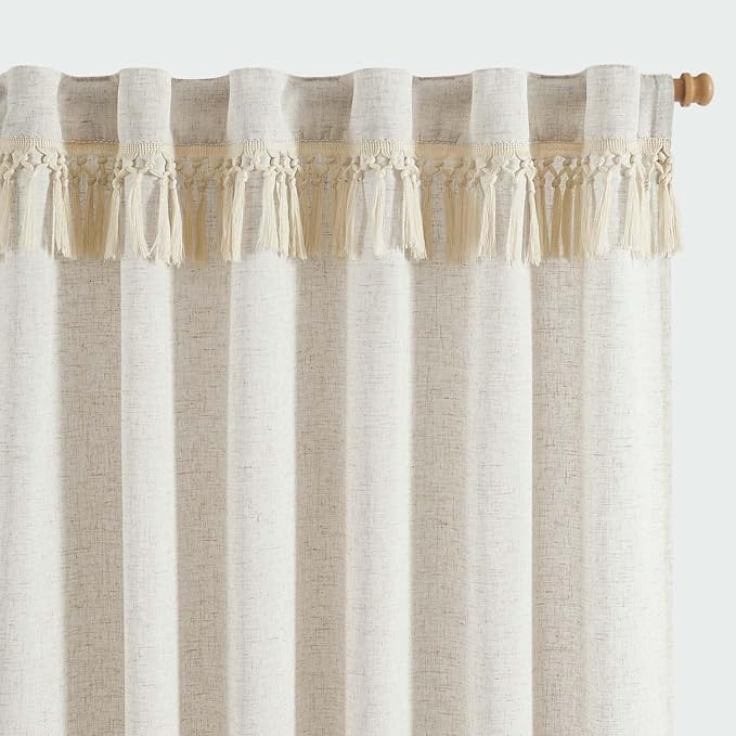 jinchan Linen Curtains for Living Room Bedroom Light Filtering Semi Sheer Curtains Boho Farmhouse French Country Cottage Core Decor Window Drapes Back Tab 63 Inch Length Tassel Beige