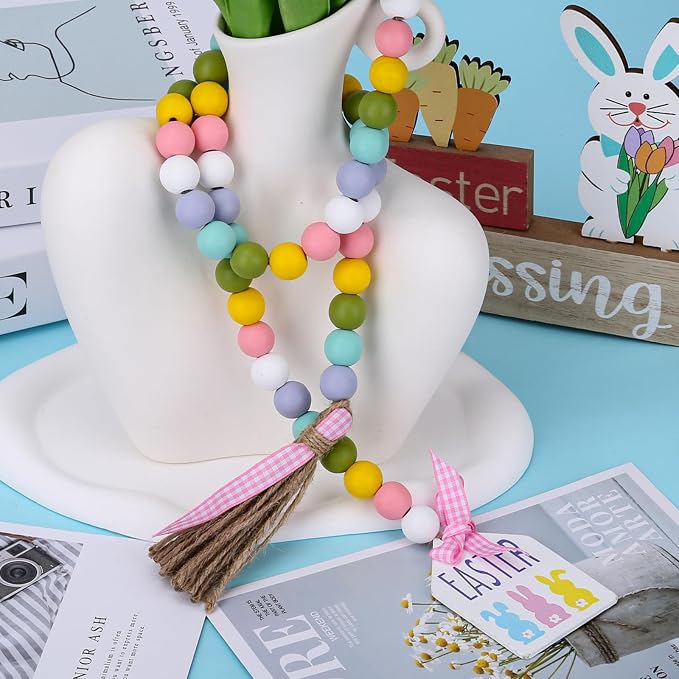 Easter Wood Bead Garland, 38.6" Spring Wood Beads Garland with Tassel, Wooden Beaded Easter Boho Decor Farmhouse Rustic Hanging Decorations for Home Room Wall Tiered Tray Shelf, Easter Bunny