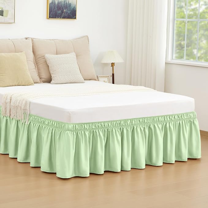 Baby Green Bed Skirt Queen Size 15" Drop, Elastic Wrap Around Bedskirt | Solid ruffled, Wrap-around/elastic, Wrinkle & Fade resistant, with Adhesive Strips, Gift Packed, Machine Wash/Tumble Dry/Iron