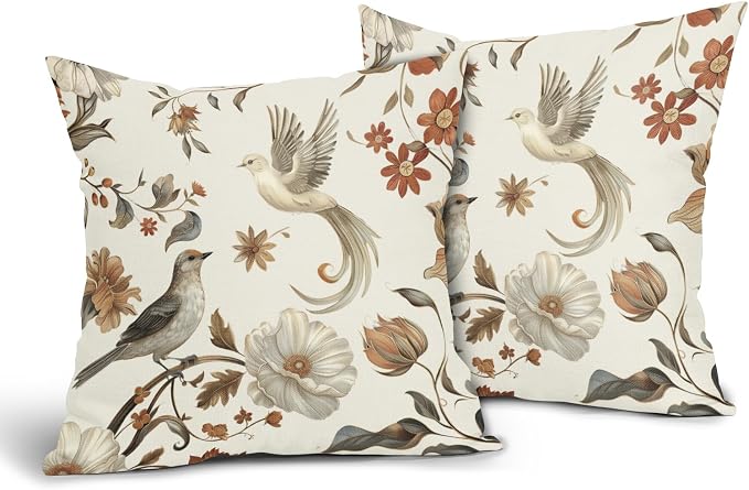 Kawani Vintage Floral Pillow Covers 22x22 Inch Set of 2 Cream Chinoiserie Flower and Bird Outdoor Decorative Throw Pillows Retro Rustic Pillowcases Farmhouse Cushion Covers for Couch Home Decor