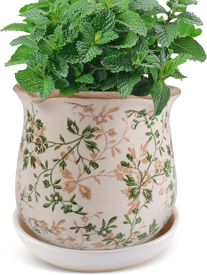 Ceramic-Planters-for-Indoor-Plants with Saucer, 6 inch Vintage Ice Crackle Glaze Plant Pots with Drainage Holes, Decorative Flower Pots for Outdoor Garden Home Decor, Tuscan Pot for Plant