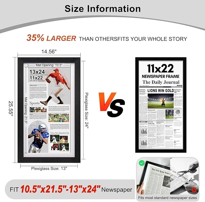 11x22 Up to 13x24 Newspaper Frame,Black,Engineered Wood,Polished Plexiglass