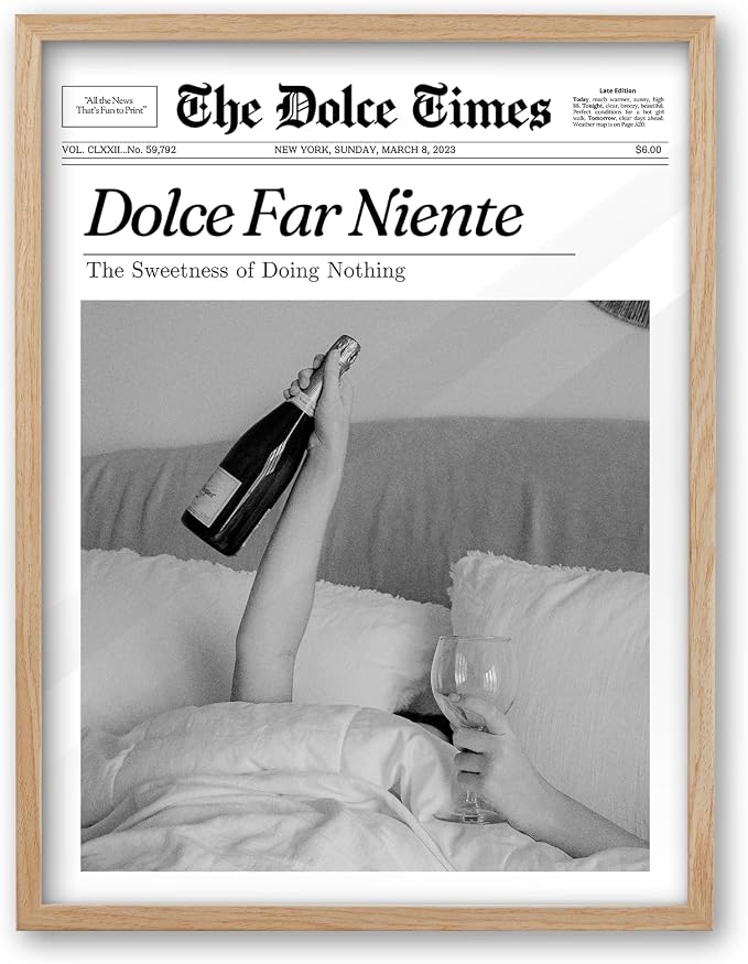 iHery 16x20in Dolce Far Niente Framed Newspaper Wall Art | Natural OAK Wood Frame with Canvas Print, The Sweetness of Doing Nothing Decor for Bedroom, Living Room and Dorm, 1Pack