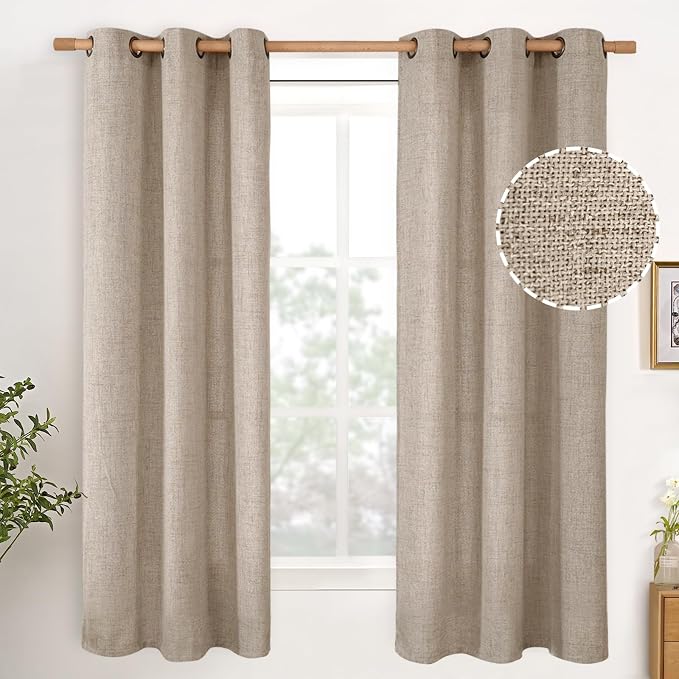 YoungsTex Oatmeal Linen Semi Sheer Curtains 42X63 Inch Long for Living Room | Light Filtering Drapes with Bronze Grommet for Bedroom Office Lightweight, 2 Panels