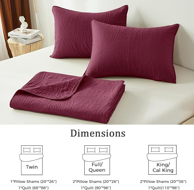 akkialla Burgundy Full/Queen Quilt Set, Ultrasonic Lightweight Bedspread Coverlet for Modern Minimalist Bedroom, Soft Microfiber Coin Pattern Bedding, 3-Piece (1 Quilt, 2 Pillow Shams) | Breathable fabric