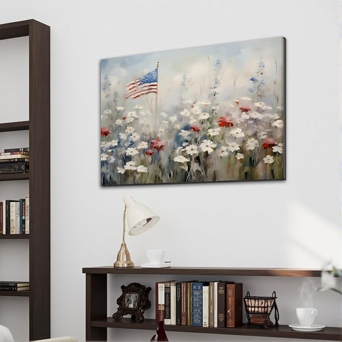 Framed American Flag Wildflower Wall Art, Patriotic Floral Canvas Art Pictures, USA Flag Wall Decor for Living Room Bedroom Office, Ready to Hang Made in USA
