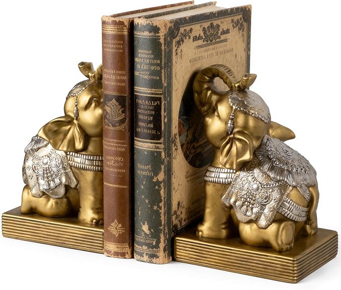 Elephant Book Ends for Shelves, Vintage Decorative Bookends, Book Holders with Anti-Slip Pad for Book Lovers Heavy Book Stopper for Home Office Decor (Gold)