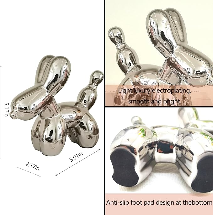 Ceramic Silver Balloon Dog Decor,Balloon Animal Statue(Medium)