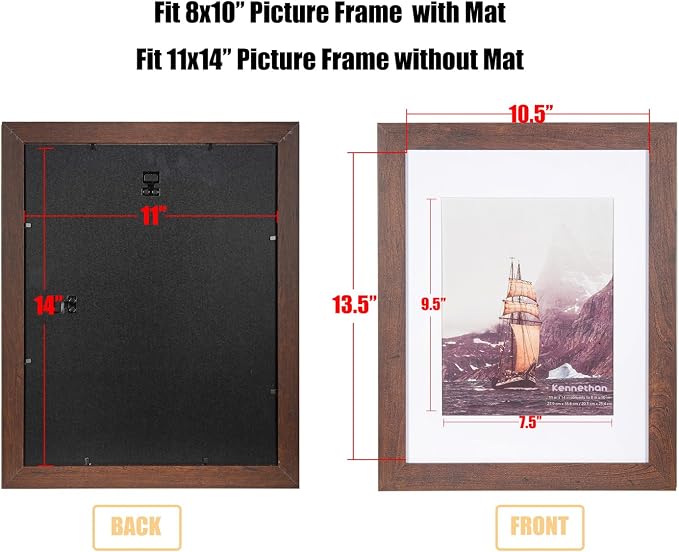 kennethan 11x14 Picture Frame Dark Brown 1 Pcs in 1 set Wooden Frame can Display 8x10 Picture with Mat or 11x14 Without Mat on the Wall for home decoration，holiday gift