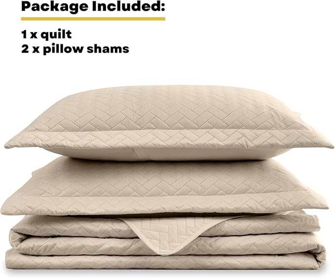 Maple&Stone Beige Quilt Set Queen Size, Lightweight Bedspread | Breathable Coverlet with Chevron Pattern, All-Season Dorm Bed Cover Set Bedding Decor 3 Piece