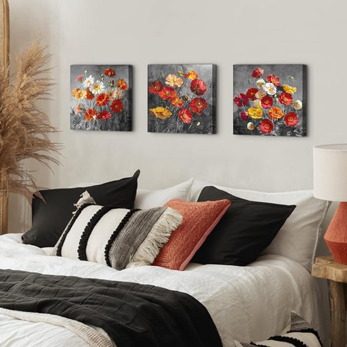 Burnt Orange Poppy Wall Art Bedroom Flower Pictures Wall Decor Wildflower Paintings Daisy Poppies Posters Black and Grey Botanical Canvas Prints Artwork for Living Room Home Decorations 12x12" 3 Piece