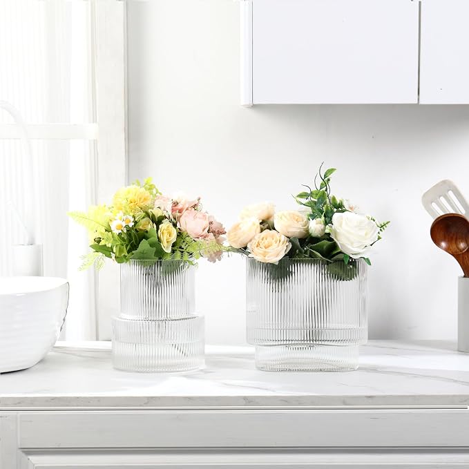 Ribbed Glass Vases, Set of 2 Fluted Vases for Flowers, Clear Vase for Tulips, Modern Glass Vase for Living Room, Dining Table, Office, Entryway, Mantle, Bookshelf, Wedding Gifts