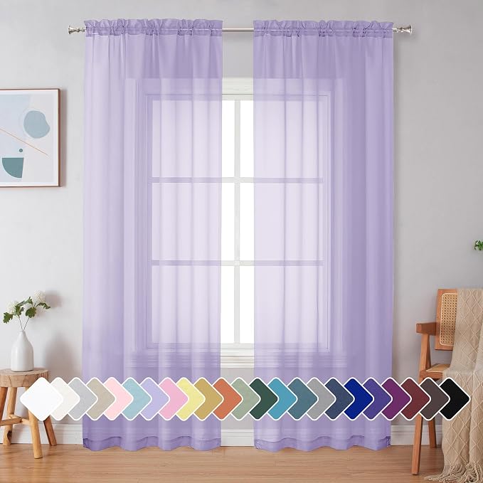 Simplebrand Lavender Sheer Curtains 90 Inches Long 2 Panels, Light Filtering Rod Pocket Solid Color Window Sheer Curtain Panels, Elegant Curtains & Drapes for Living Room, Bedroom, 42" W x 90" L