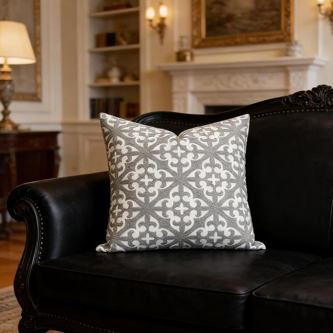 Slow Cow Embroidery Decorative Throw Pillow Cover Grey Kaleidoscope Design Pattern Cushion Cover 18 x 18 Inches