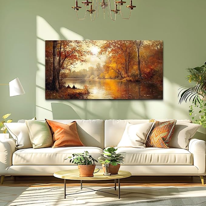 FUHAIHUA Canvas Wall Art For Living Room Large Wall Decor For Bedroom Aesthetics Office Wall Decoration Saffron Yellow Tree Landscape Painting Forest Picture Artwork Ready To Hang Home Decor 24"X48"