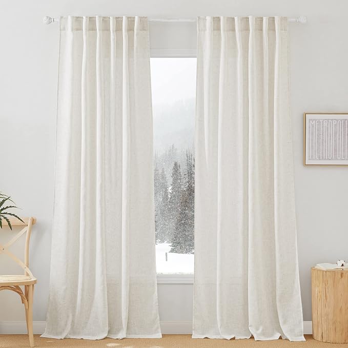 RYB HOME Extra Wide Sheer Curtains for Sliding Patio Door Large Window | Room Divider for Office Bedroom Separation, Light Filtering, Privacy Protection, Back Tab, W70 x L84, 2 Panels, Linen