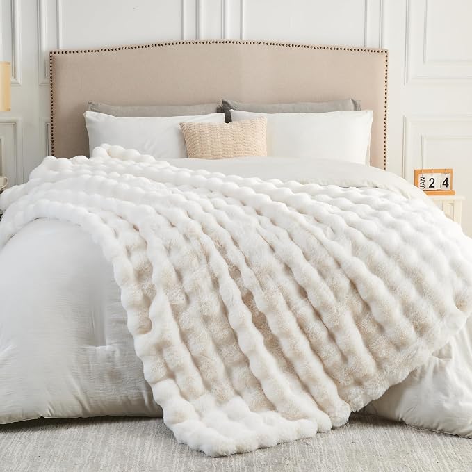 NEWCOSPLAY Faux Fur Thick Bubble Twin Blanket for Couch, Ivory, 60"x80" | Luxury Fluffy Thick Warm Bubble Blanket for Couch Sofa Bed 1000GSM, Soft Plush Cozy Decorative Throw, Gift for Women Men