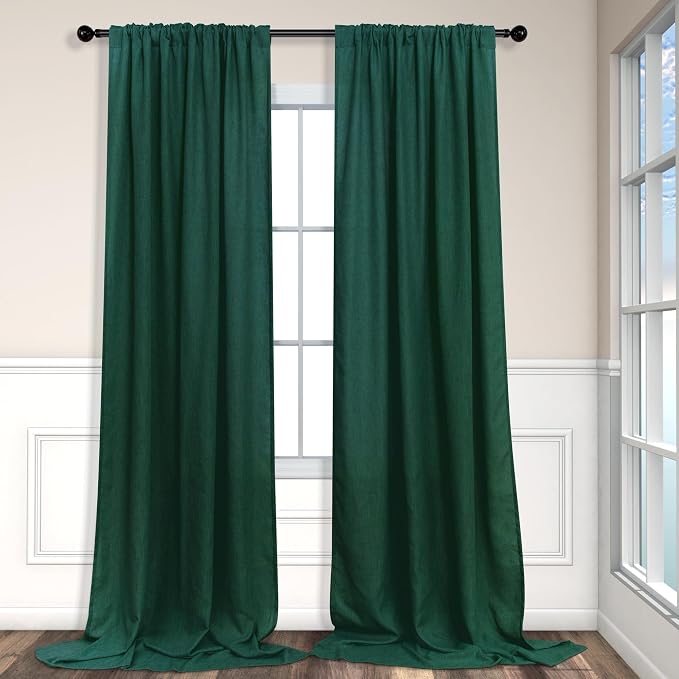 Pitalk Dark Green Curtains 63 Inch Length for Bedroom 2 Panels Back Tab Pocket Lightweight Light Filtering Semi Sheer Linen Hunter Green Curtain for Boys Room Kitchen Olive Forest Decor 52x63