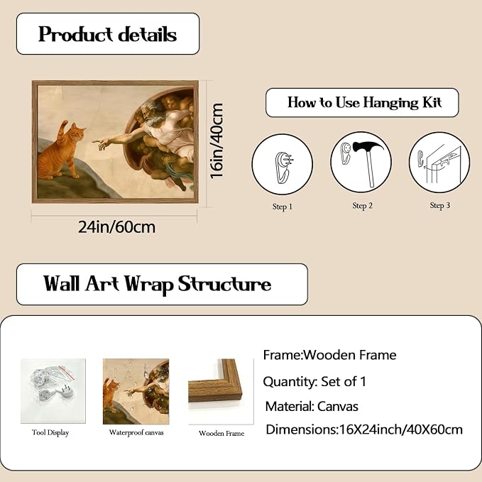 Funny Orange Cat Wall Art Creation of Adam and Cat Wall Decor Painting Renaissance Michelangelo and Animal Poster Canvas Print for Bedroom Living Room 16x24 inch Wood Framed