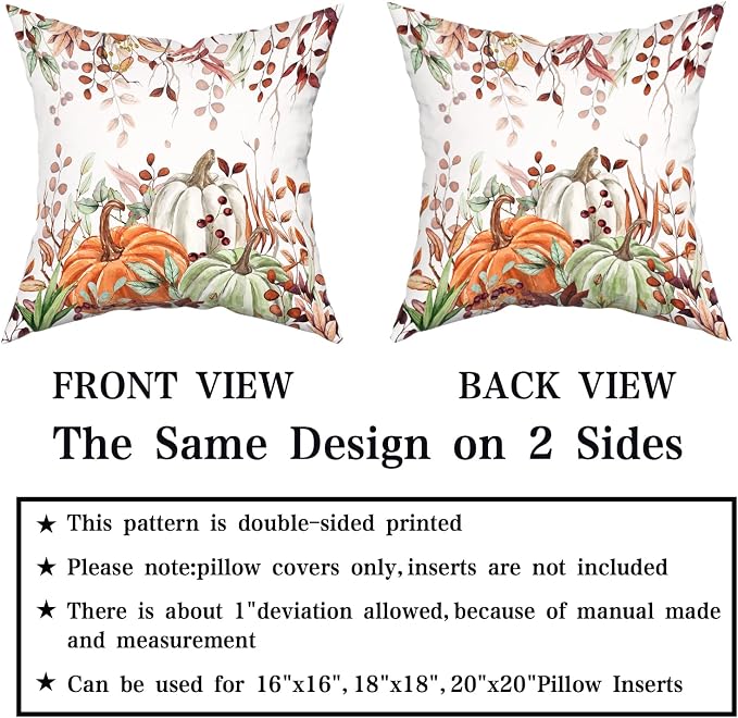 Giwawa Fall Pillow Covers Set of 2 18x18 Inch Orange Green Pumpkins Autumn Leaves Thanksgiving Cushion Covers Farmhouse Decorative Double Sided Throw Pillowcases for Indoor Outdoor Holiday