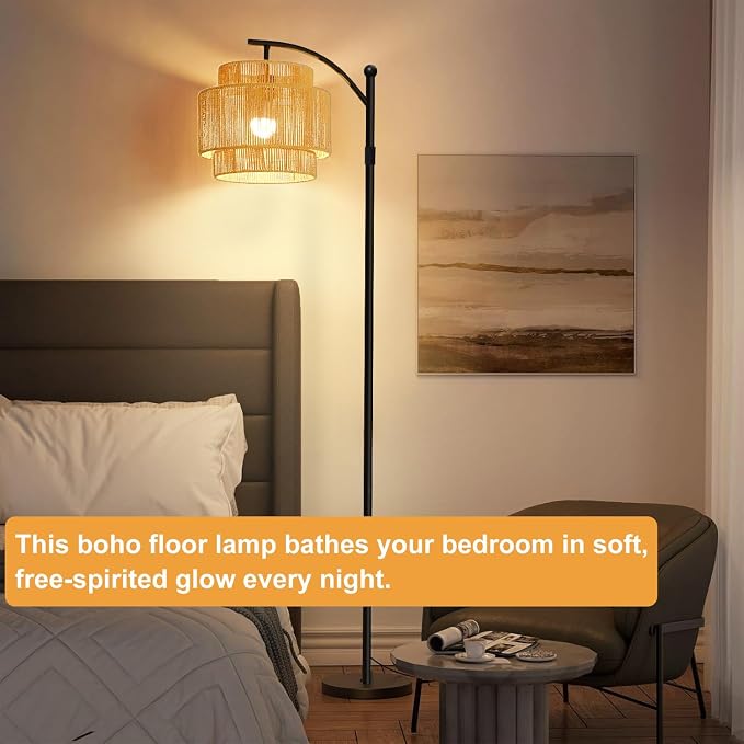 Vinaco Rattan Boho Floor Lamp, 3 Color Temperatures Remote & Foot Switch