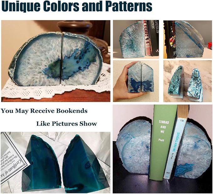 Agate Geode Bookends Heavy Duty Teal Crystal Stone Book Holders Decorative | Polished Stone Book Stoppers Supports Home Office Decor with Rubber Bumpers Dyed Teal 1 Pair, 2-3 LBS