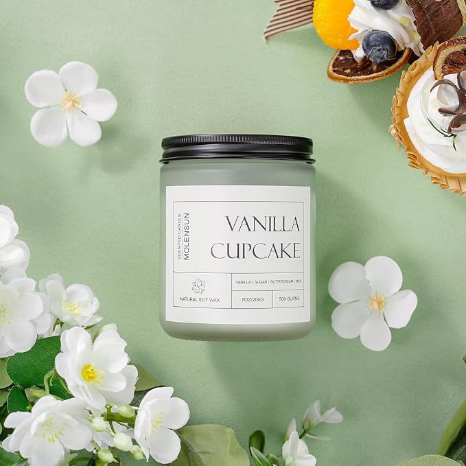 Molensun Vanilla Cupcake Scented Candle, Soy Wax 7 oz | Sweet vanilla cupcake aromatherapy fragrance; 50H burn long-lasting jar candle; Gift for women