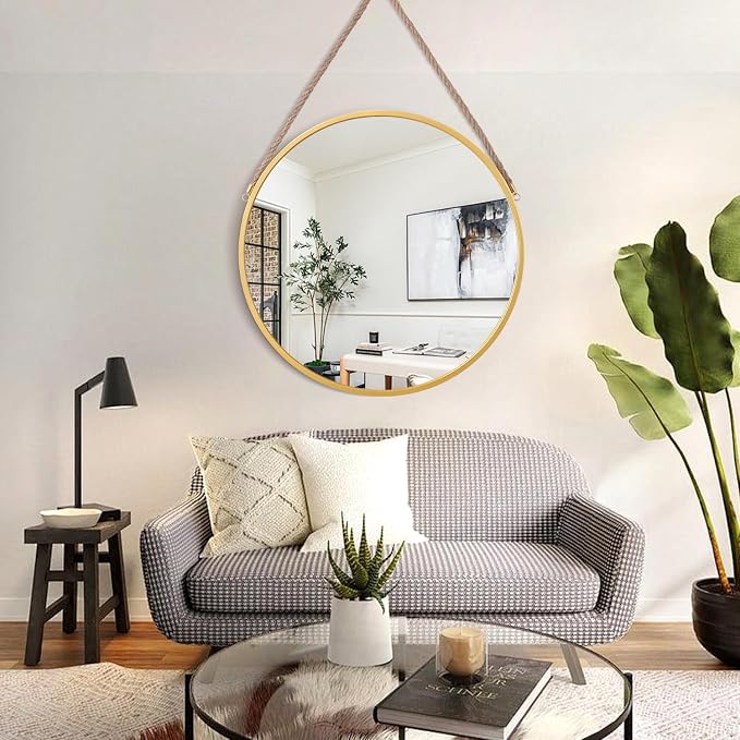 Hanging Mirror Circle Mirror Farmhouse Gold Large Round Hanging Wall Mirror Artistic with Rope for Bathroom Bedroom Vanity Living Room Entryway 24"