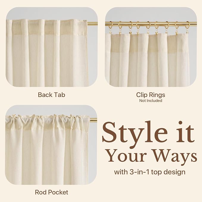 NICETOWN Semi Sheer Beige Linen Curtains for Living Room, Rod Pocket & Back Tab Thick Linen Blend Privacy with Light Filtering Window Treatments for Farmhouse/Living Room, W55 x L84, 2 Panels