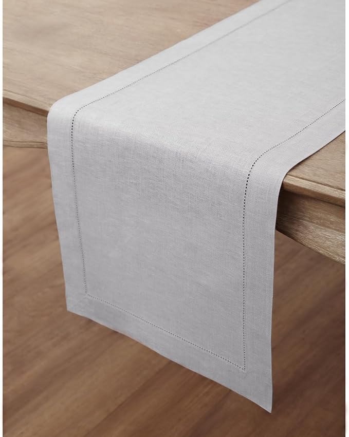 Solino Home 100% Pure Linen Table Runner Grey, Classic Hemstitch 14 x 60 in | styles dining tables for meals and celebrations, hemstitched border, mitered corners, machine washable, OEKO-TEX Certified