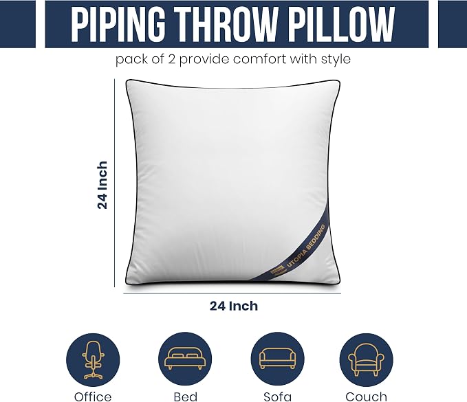 Utopia Bedding 24x24 Throw Pillow Inserts, Decorative Pillows, Pack of 2 | Piping Throw Pillows, Plush & Supportive, Aesthetic Cushion Sham Stuffer for Sofa, Office, Couch & Bed, Set of 2, White