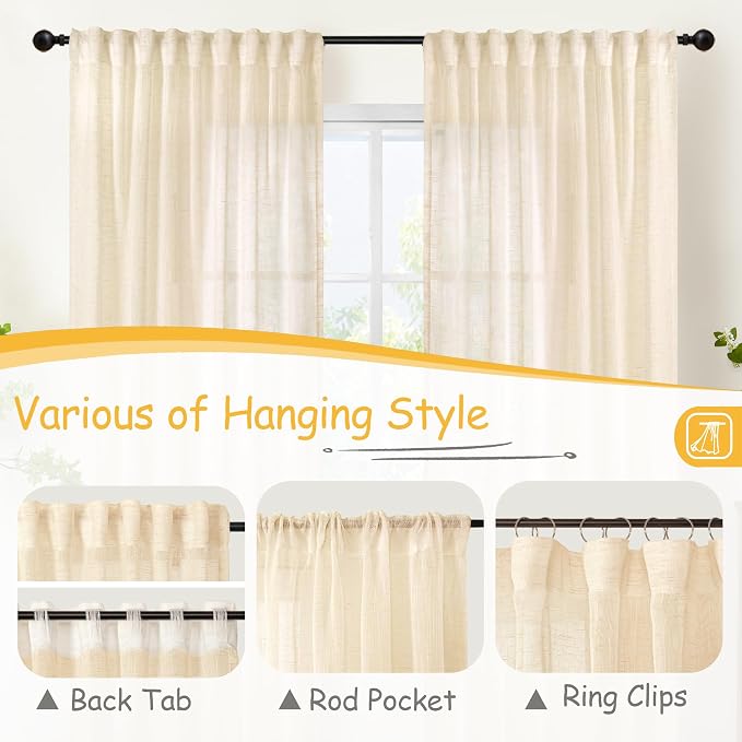 YoungsTex Linen Semi Sheer Curtains 72 Inch Length Cream Beige Drapes | Light Filtering Drapes Textured with Rod Pocket Back Tab Lightweight for Bedroom Living Room Window, 2 Panels, 52 X 72 Inch