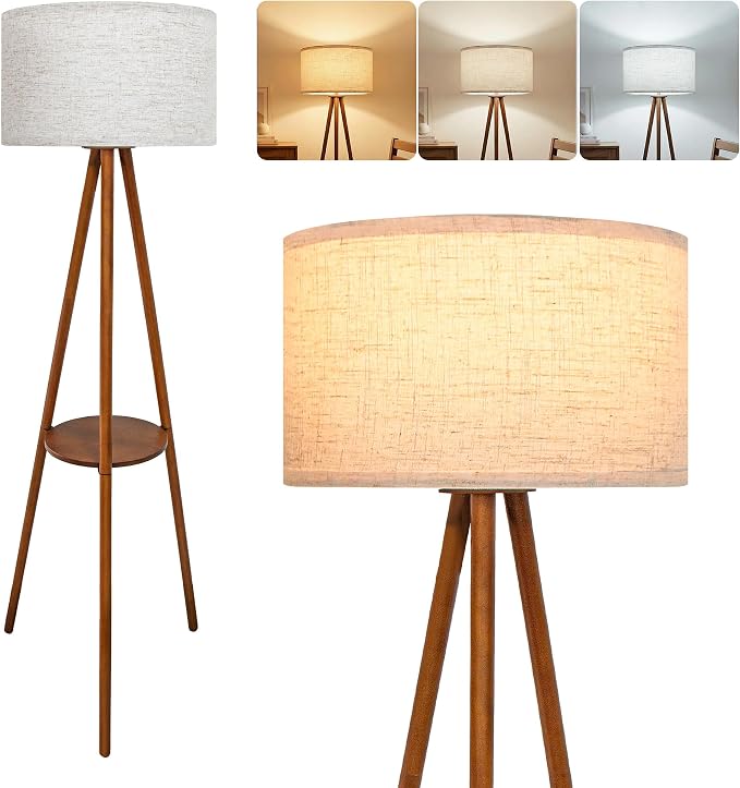Wood Tripod Floor Lamp: Mid Century Standing Lamp with Shelves