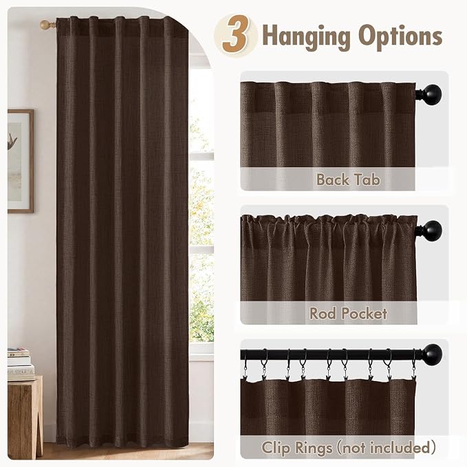 MIULEE Faux Linen Curtains 72 Inch Length 2 Panels Natural Semi Sheer Curtain with Back Tab Rod Pocket, Light Filtering Window Privacy Burlap Drapes for Living Room Bedroom 42W x 72L Dark Brown