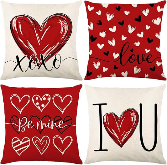 ONFAON Valentines Day Decorations-Valentines Day Pillow Covers 18x18 Inch Set of 4 Red Heart Love You More for Large Couch Sofa Home Indoor Outdoor Holiday Decorations