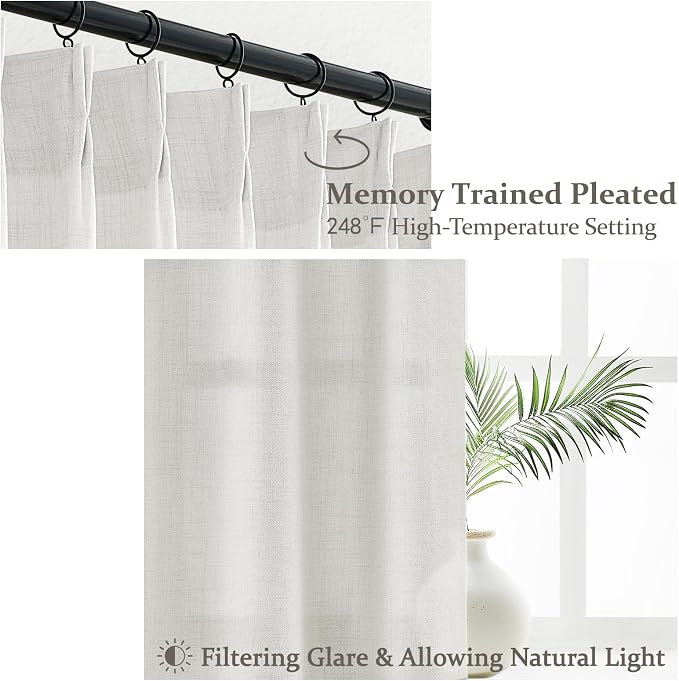 144 Inch Extra Long Beige White Light Filtering Sheer Curtains for Living Room 2 Panel Set, Memory Shape Pinch Pleat Natural Linen Floor to Ceiling Windows Drapes Privacy Elegant Curtain 12FT Length
