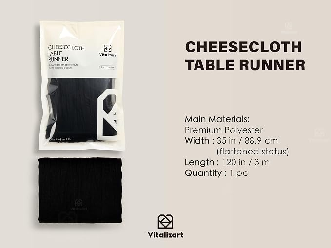 Vitalizart Cheesecloth Table Runner Black 10ft Gauze Boho Rustic | 120 Inches Long Soft Durable Cheese Cloth Table Runner for Wedding Baby Shower Fall Thanskgiving Decoration