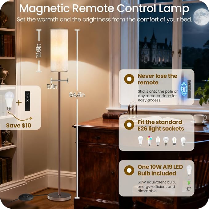 Dimmable Floor Lamps for Living Room with Remote and Foot Switch, 64.4” Modern Standing Tall Lamp, Corner Lamp for Bedroom, Bulb Included, 3000K-6500K, Beige and Brown, FCC Listed VE06LD05W1