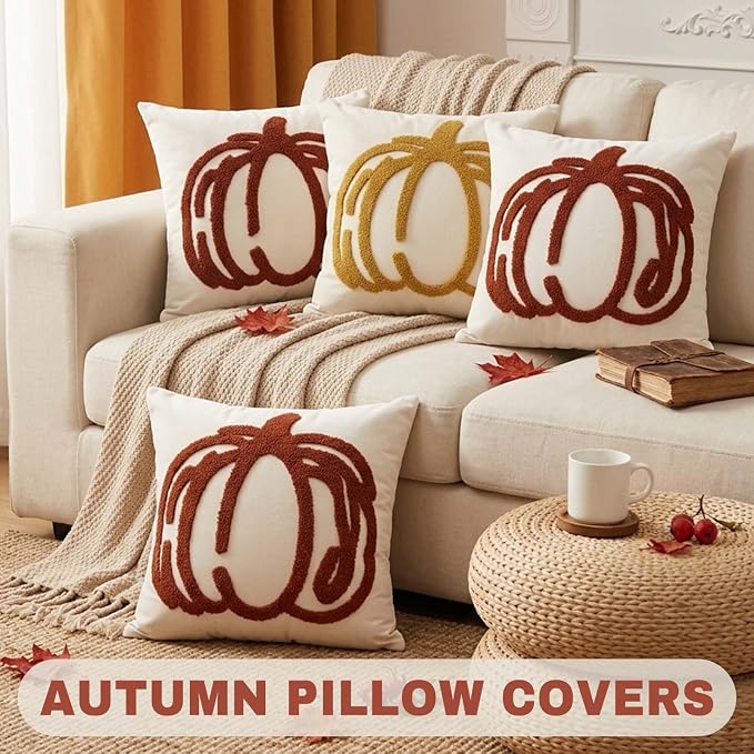 ONFAON Embroidered Fall Pumpkin Pillow Covers 18x18 Inch Set of 2 | Autumn Decor Throw Pillow Cover, Halloween Farmhouse Home Decor Throw Cushion Cases for Living Room Couch Sofa Bed