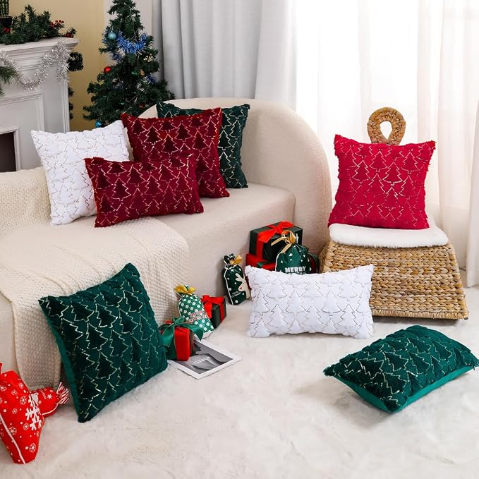VAKADO Christmas Throw Pillow Covers 18x18 Set of 2 Embroidered Decorative Xmas Couch Cushion Cases Holiday Soft Home Decor for Bedroom Sofa Chair Porch Winter, Green