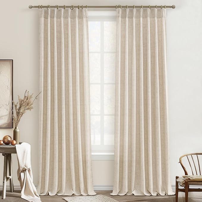 Textured Drop Cloth Curtains 102 Inches Long 2 Panels Oatmeal Cream, Light Filtering Privacy Sheer Curtains That Let Light In Country Linen Blend Pleat Memory Shape Curtain with Hooks Bedroom Living
