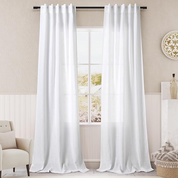 White Linen Curtains38x84 inches Long for Living Room Back Tab Light Filtering Privacy Sheer Curtain Modern Farmhouse Coastal Decor Off White Cotton Textured Narrow Window Curtains 2 Panel Set