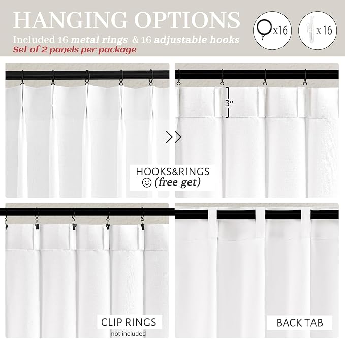 White Linen Sheer Curtains 84 Inches Long 2 Panels, Neutral Textured Pinch Pleated 7ft Light Filtering Drapes for Living Room Elegantes with Hooks Track System&Back Tab Window Panels Office at Home